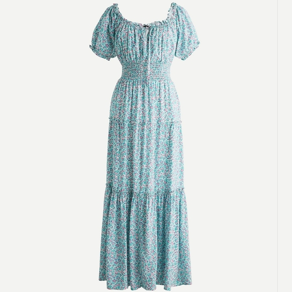 J. Crew Dresses & Skirts - NWT J.Crew Puff-sleeve Midi in Ivory Larkspur Pink Smocked Tiered Dress 6